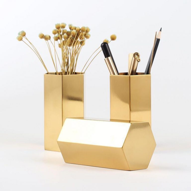Oxo by Bjorkman Fluttergold Golden Vase/Pen Holder Hexagonal Vase