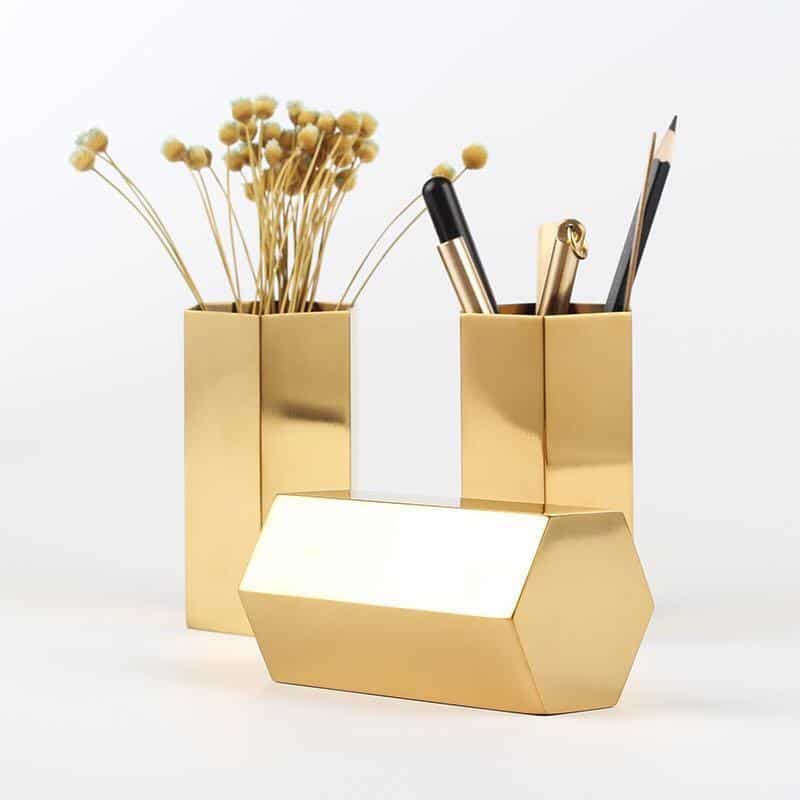 Oxo by Bjorkman Fluttergold Golden Vase/Pen Holder Hexagonal Vase