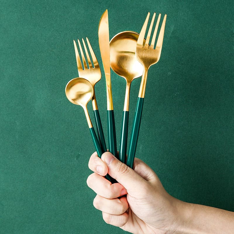 Gold Flatware Set With Green Handle Modern Round Handle + Reviews