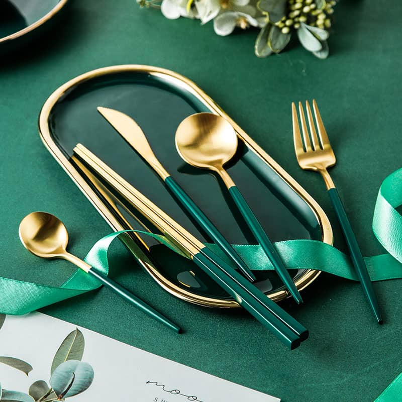 Gold Flatware Set With Green Handle Modern Round Handle + Reviews